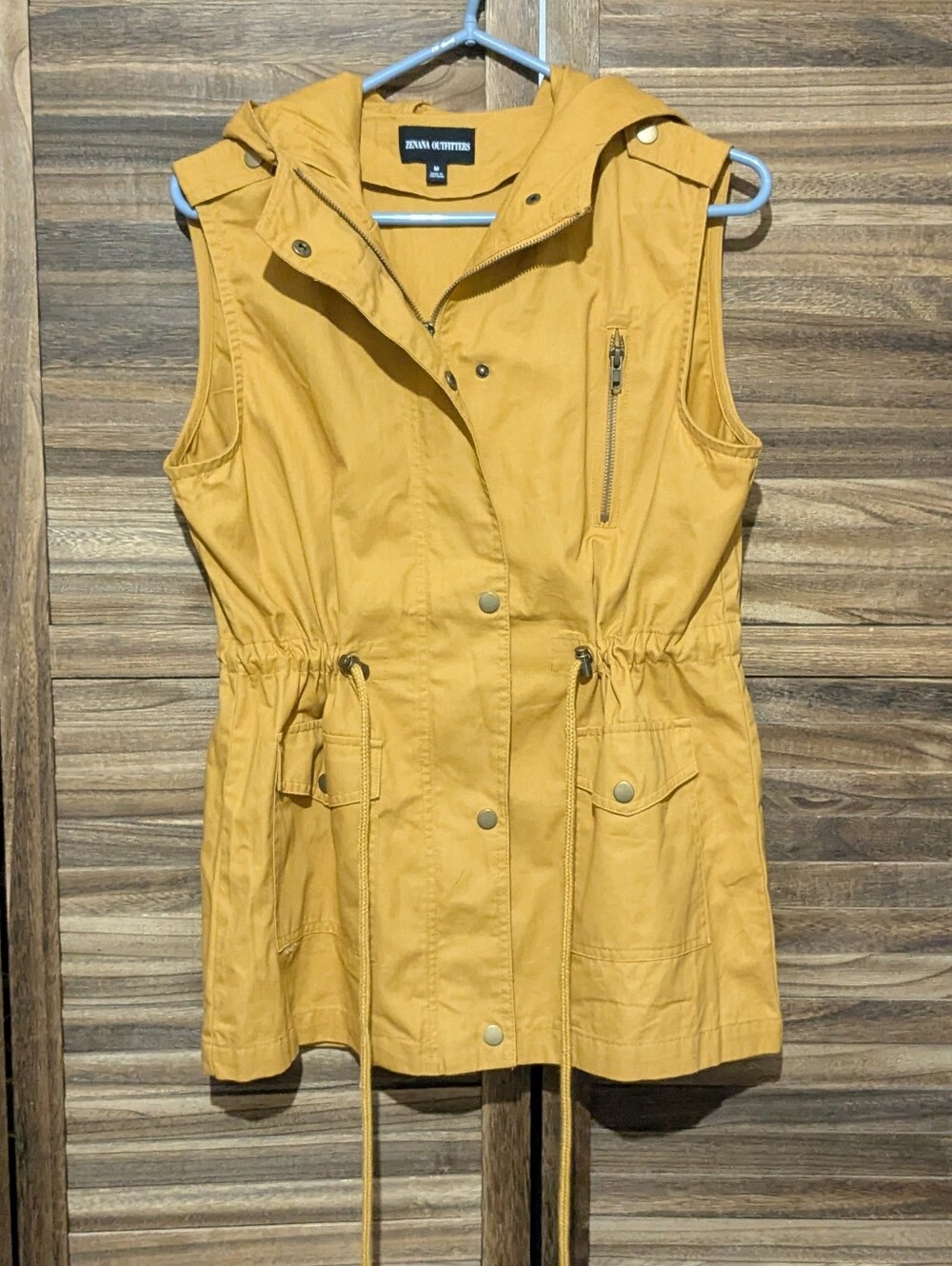 Zenana Outfitters Mustard Yellow Sleeveless Hooded Utility Vest Medium